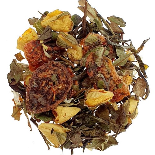 Herbata Biała Shou Mei Pai Mu Tan Snow Buds zielona Bancha  Nektar Bogów  kawałki białej czekolady  żółte pączki róży kwiatki lawendy ostu i nagietka