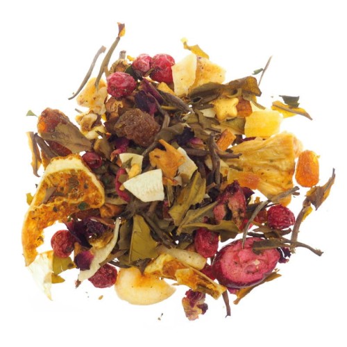 Herbata Biała Słońce Afryki jabłka ananas winogrona banan kokos pomarańcze limonka czerwona porzeczka złote gwiazdki mango papaja żurawiny płatki róży