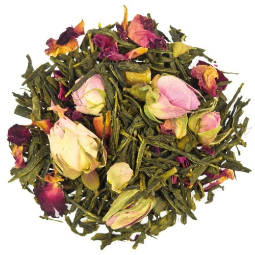 Zielona  herbata Sencha Tajemniczy Ogród z dodatkiem dużych kawałków mango i papai pączki róży i płatki róży