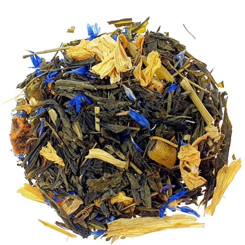 Zielona Herbata Sencha Mogo Mogo z kawałkami banana mango melona i bławatka