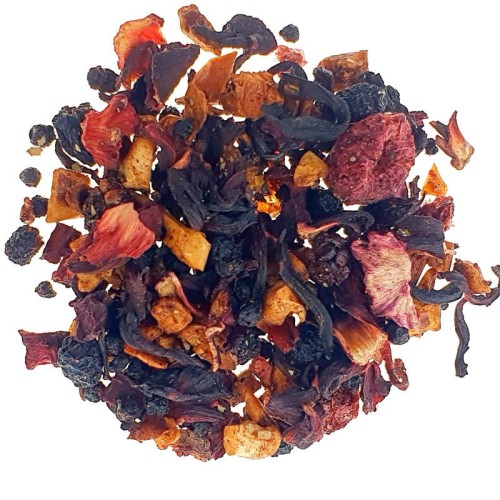 Herbata Owocowa Ogród Babuni  mieszanka czarnego bzu jabłka hibiskusa kawałki buraka jeżyny czerwona porzeczka malina truskawki