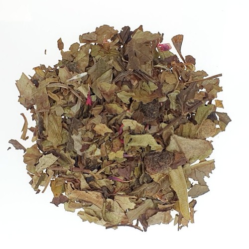 Herbata Biała Shou Mei Aksamitna Brzoskwinia z dodatkiem rodzynek płatki białego bławatka